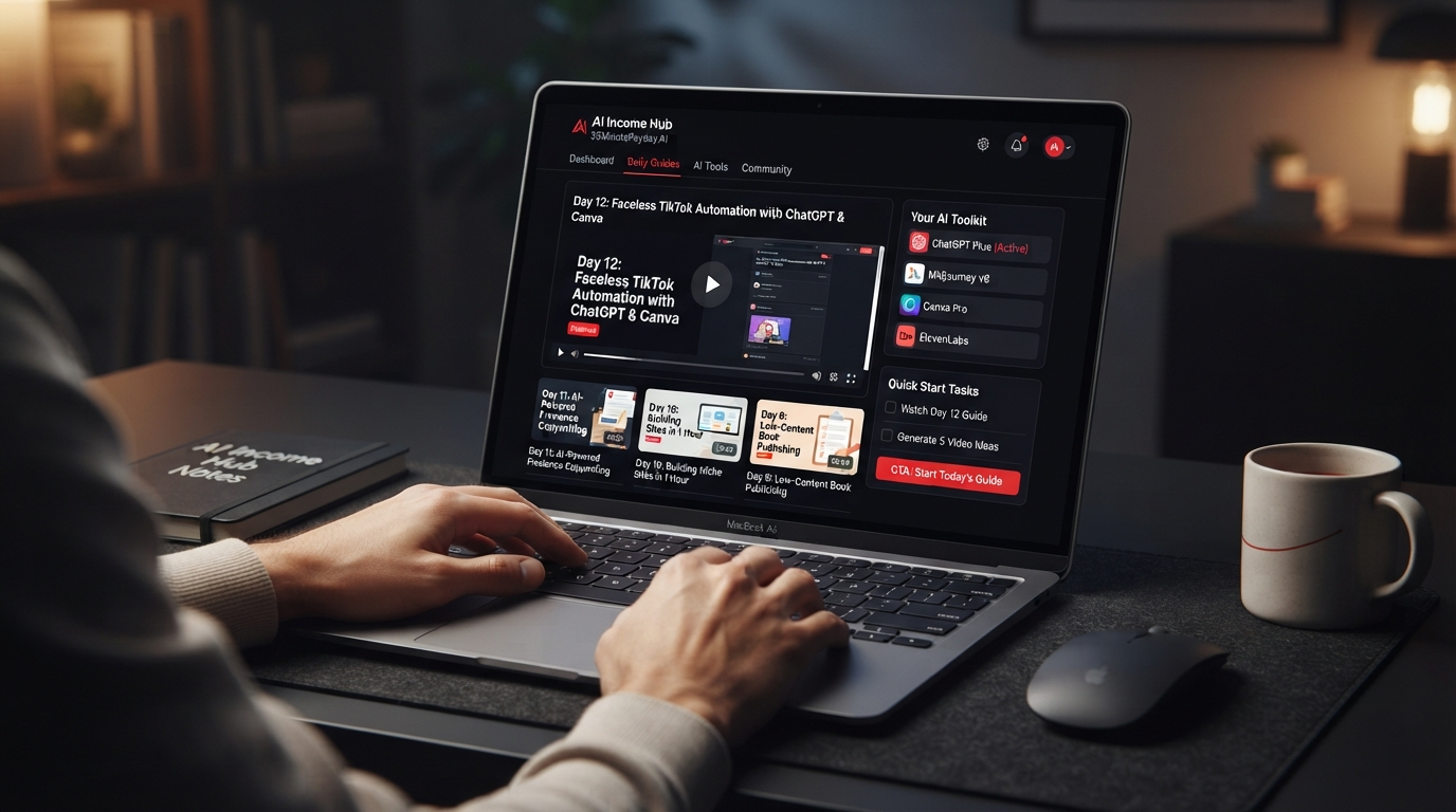 Beginner exploring AI tools and side hustle ideas on a laptop — AI Income Hub editorial site