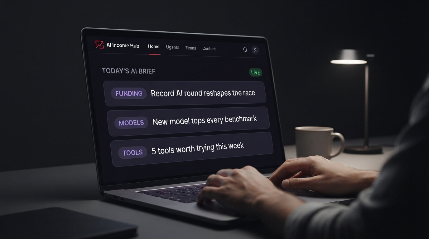 Dark dashboard panel labeled TODAY'S AI BRIEF with a green LIVE badge and category rows for FUNDING, MODELS, and TOOLS